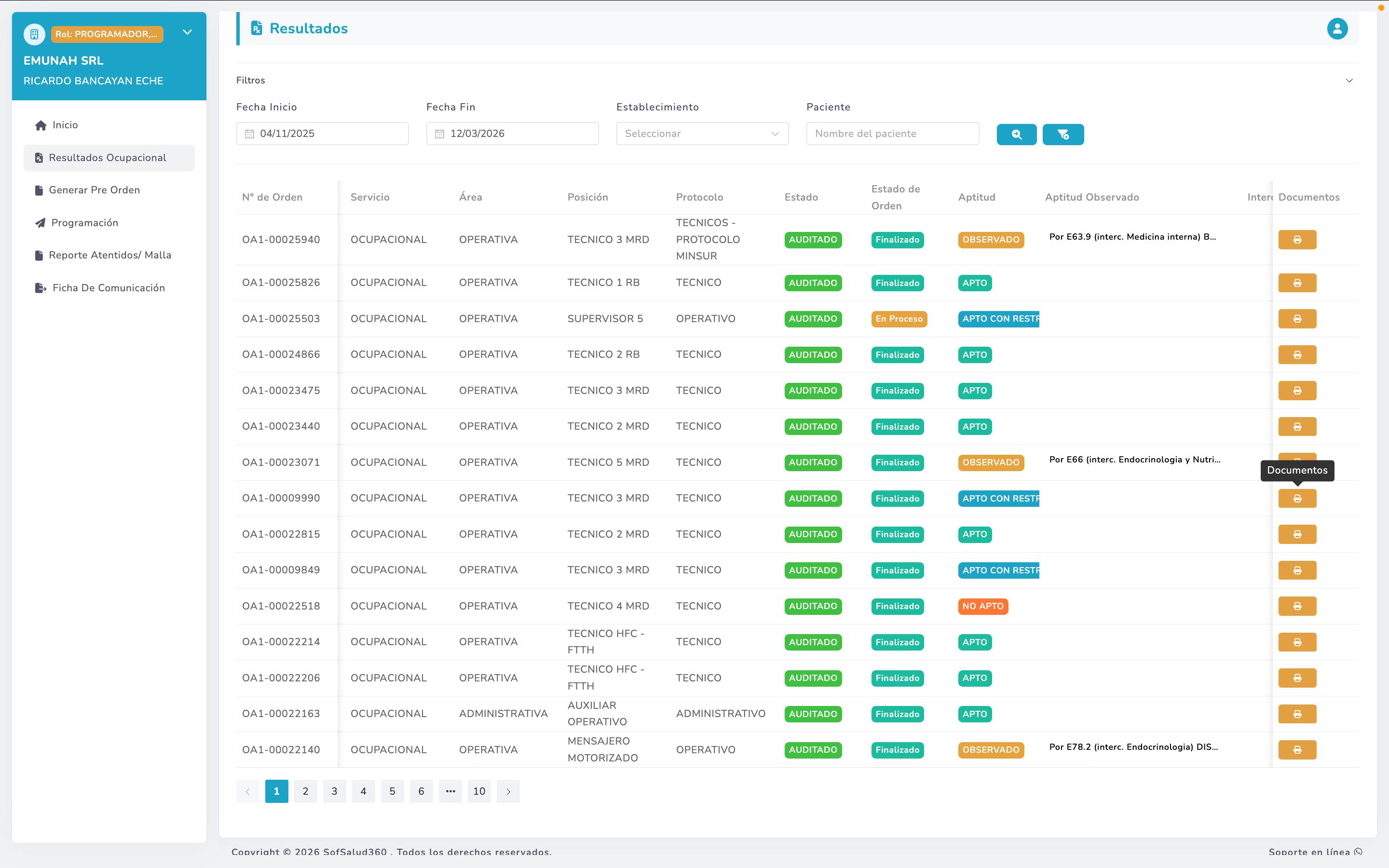 Vista médico SofSalud 360 — resultados tiempo real gestión médica ocupacional